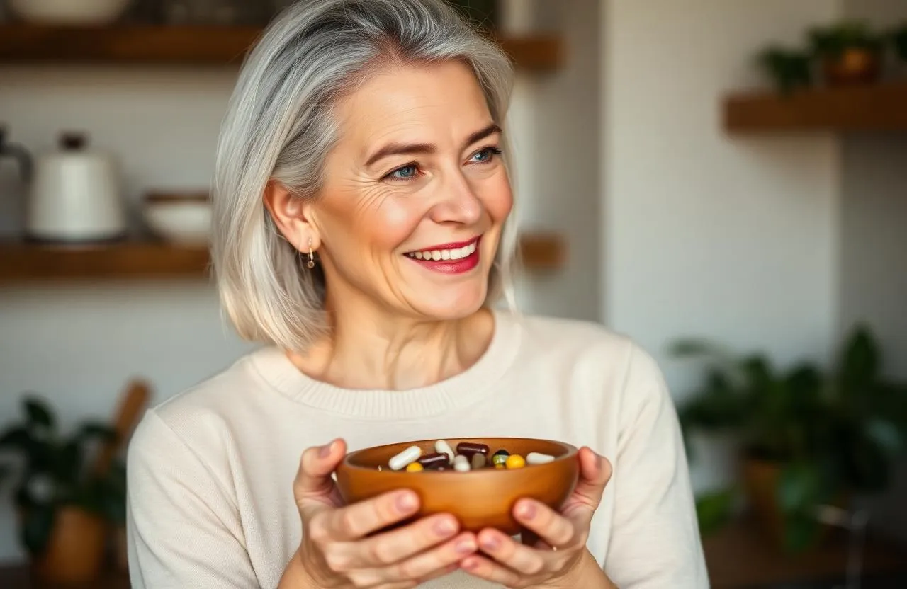 Smiling woman in her late 50s holding a bowl of memory support supplement capsules